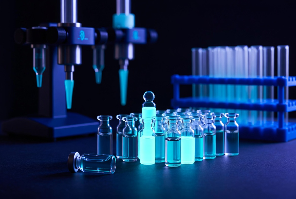 Research peptide vials quality control inspection — rejected vial — Titanborn Research